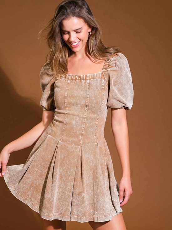 Flying Tomato Dresses & Skirts - Flying Tomato Square Neck Puff Sleeve Mini Dress in Brown Small